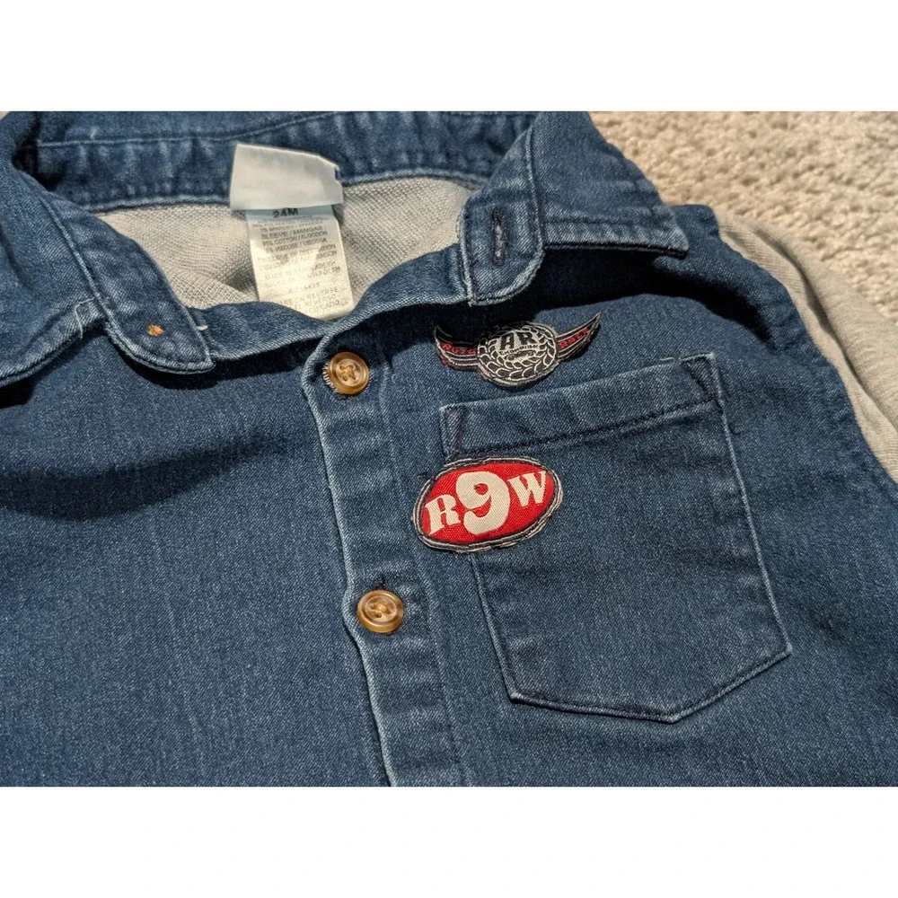 Nannette Kids Boys 24M Denim Mixed Media Button Up Shirt Gray Sleeves Patches‎
